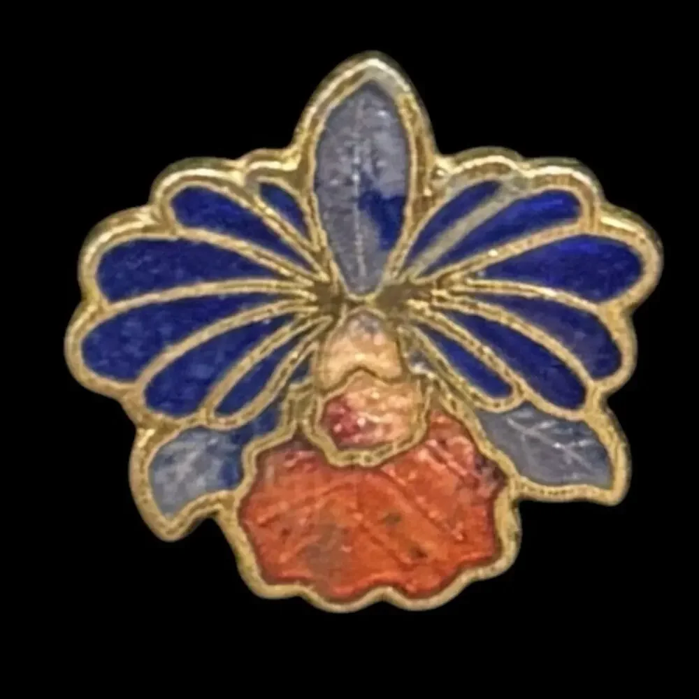 Vintage 1970s Cloisonné Enamel Orchid Blossom Gold Tone Mini Pendant